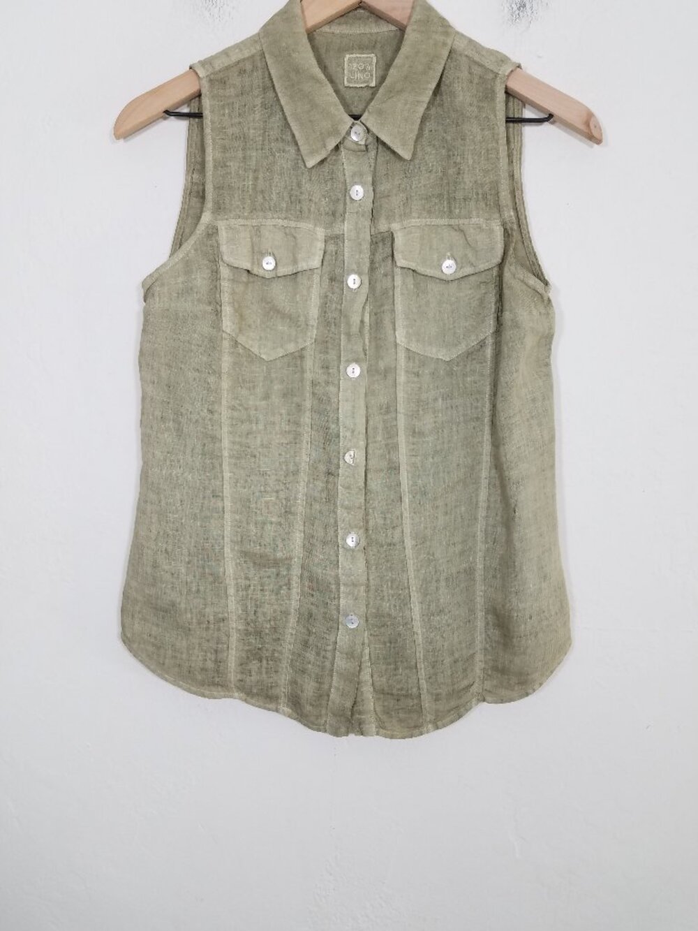 120% Lino Sleeveless Button Down Shirt Top Blouse with Pockets Linen Size 40